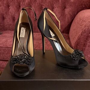 Badgley Mischka Black Satin Jeweled Peep-Toe Heels